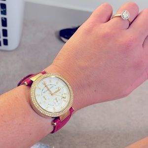 Michael Kors watch: gold tone, stainless steel, rhinestones, & pink leather band